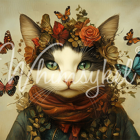 Close-up of a tissue paper featuring a dapper cat sporting a jacket and scarf, adorned with flowers and surrounded by fluttering butterflies.
