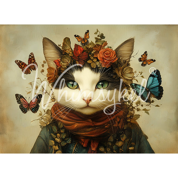 Tissue paper featuring a dapper cat sporting a jacket and scarf, adorned with flowers and surrounded by fluttering butterflies.  White borders are on the top and bottom.
