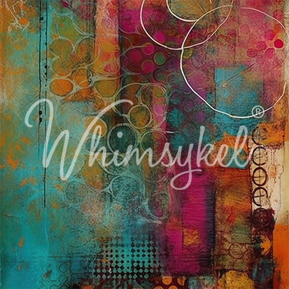 Close-up of a tissue paper that features an abstract design of rectangles and circles in colorful pinks, oranges, and teals.