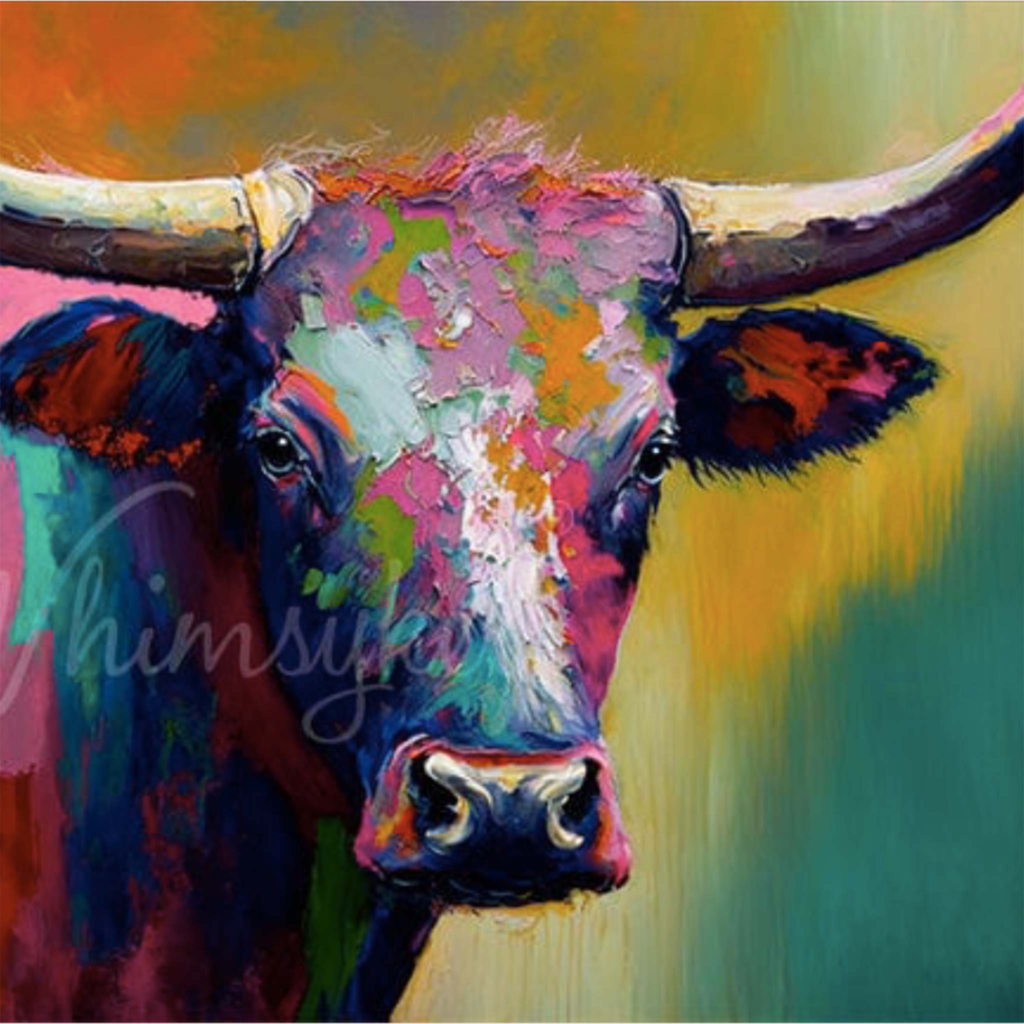 Close-up of a tissue paper design that features a whimsical colorful oil painting of a Longhorn cow.