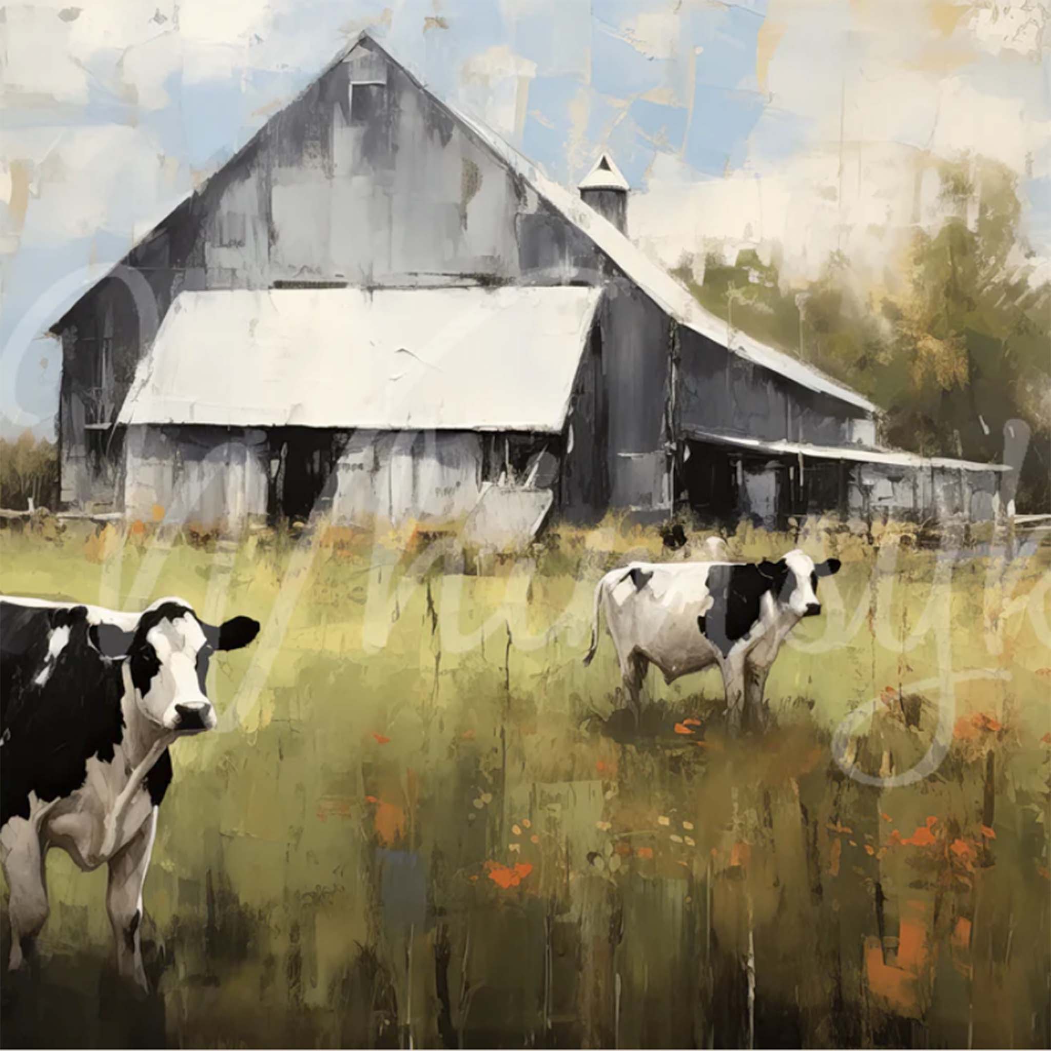 A close-up of a tissue paper that features black and white cows in a field in front of a large dairy barn.