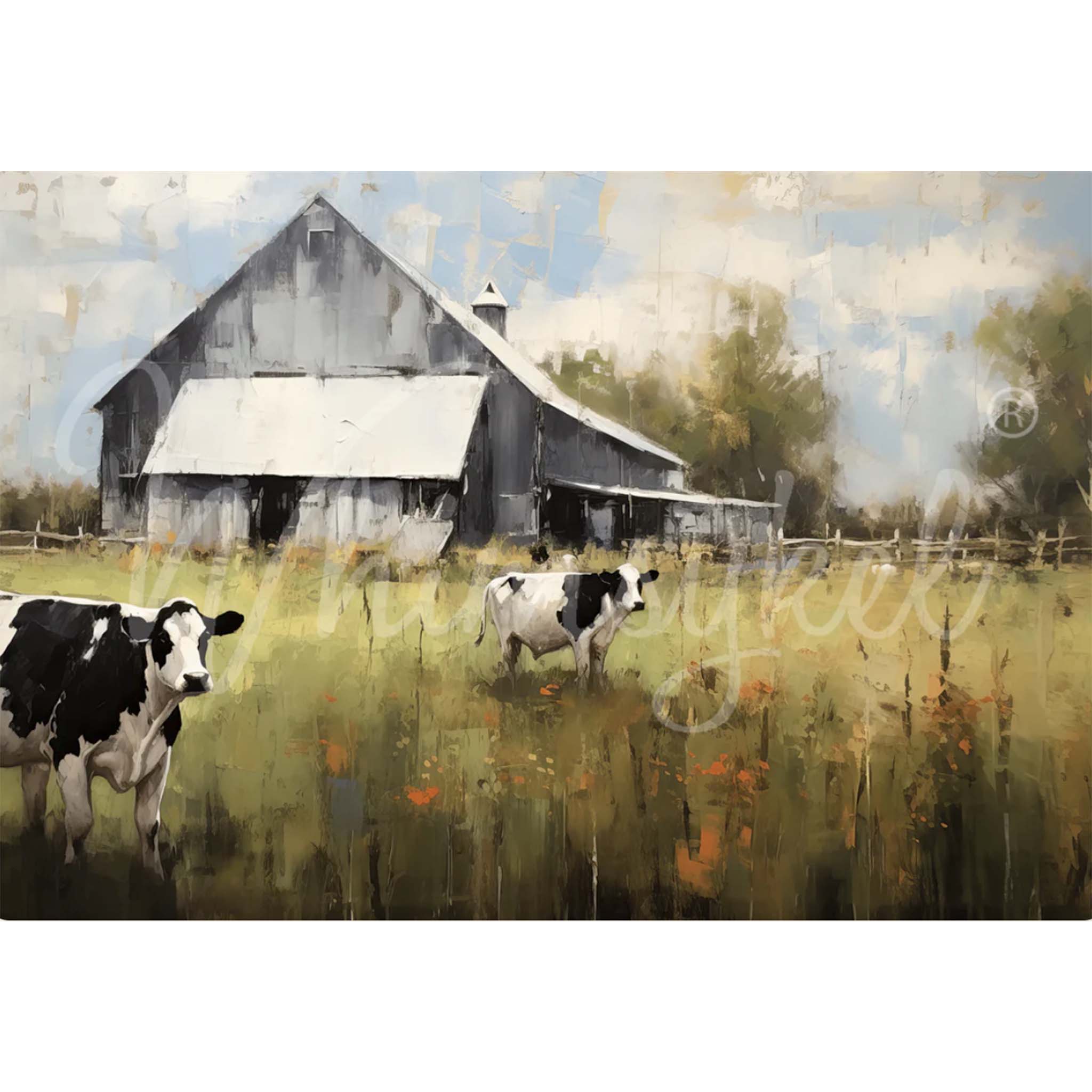 A  tissue paper that features black and white cows in a field in front of a large dairy barn. White borders are on the top and bottom.
