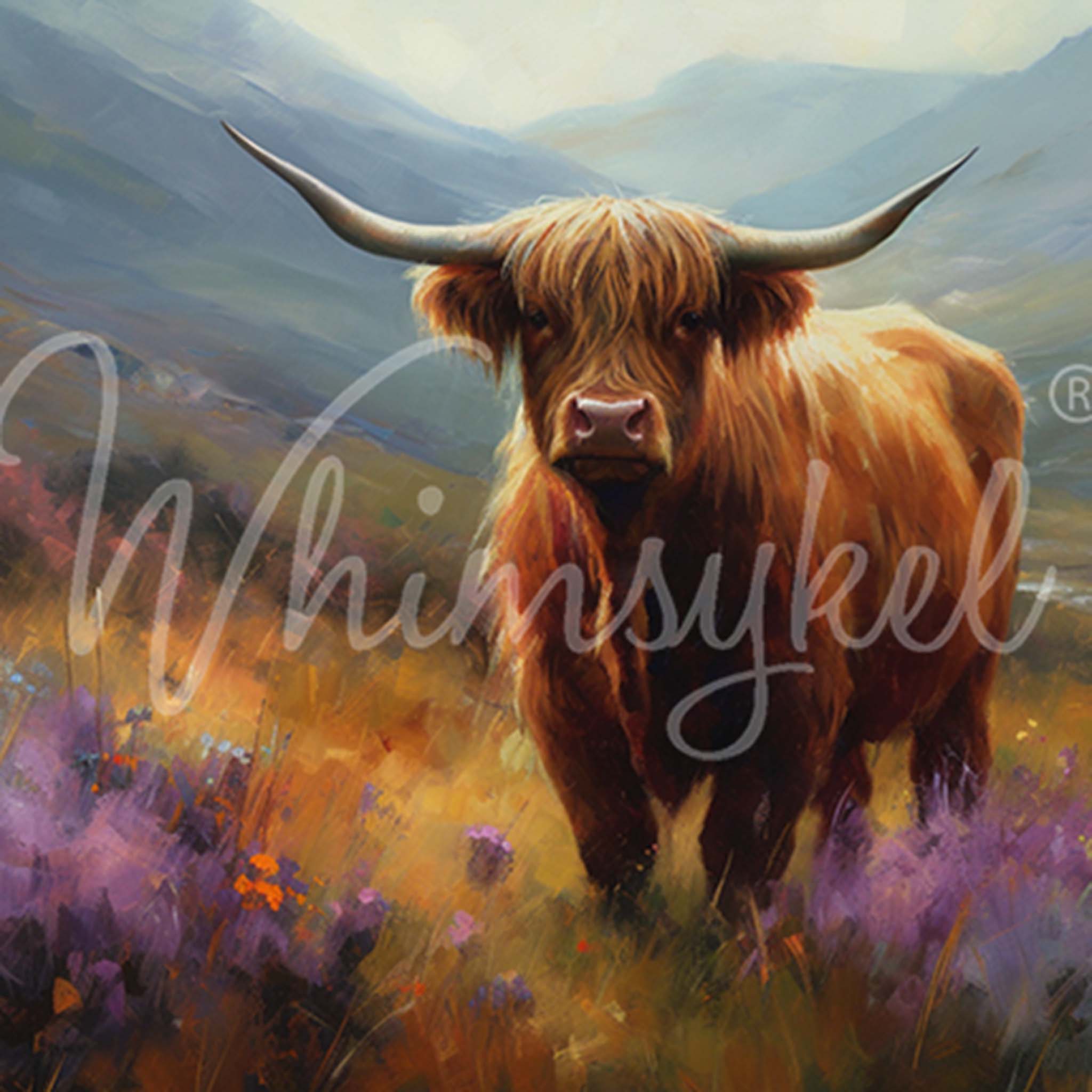 Close-up of a tissue paper design of a Highland cow in a dreamy floral valley field. 
