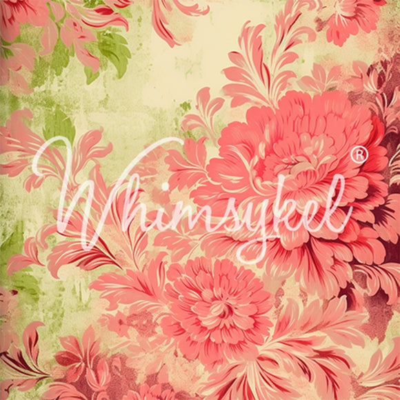 Close-up of a tissue paper featuring coral and blush blooms set against a softly distressed backdrop kissed with shades of lime.