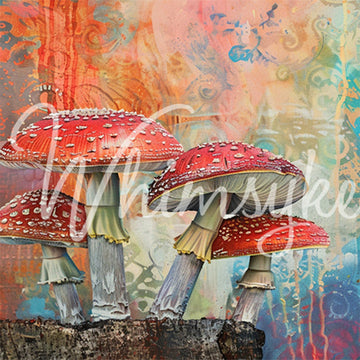 Close-up of a tissue paper featuring vibrant red-capped mushrooms set against a kaleidoscope of textures, patterns, and dreamy hues of blues and orange.