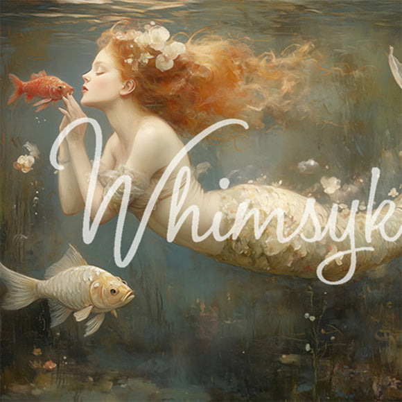 Close-up of a tissue paper featuring a beautiful red haired mermaid swimming with orange and white goldfish.