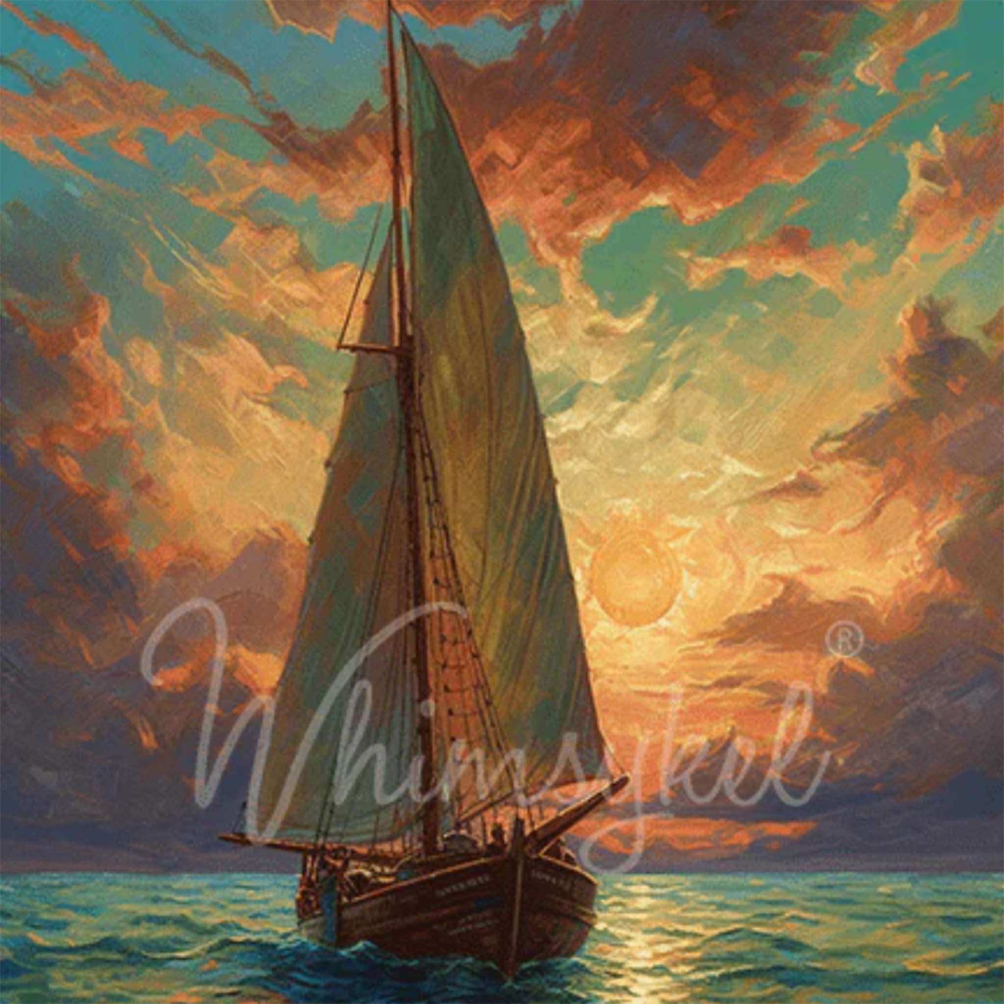 A close-up of a tissue paper that features a painting of a sailboat in the sunset.