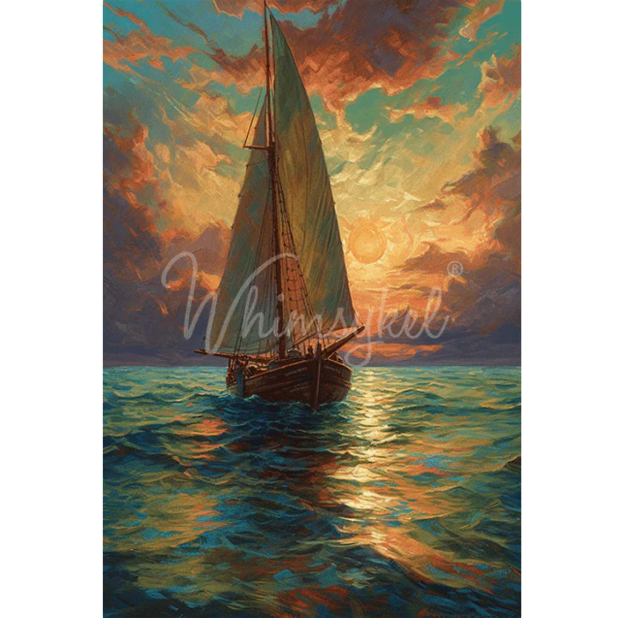 A tissue paper that features a painting of a sailboat in the sunset. White borders are on the sides.