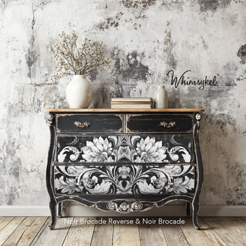 Furniture upcycled with Whimsykel Noir Brocade Decoupage Paper – symmetrical floral design on black dresser