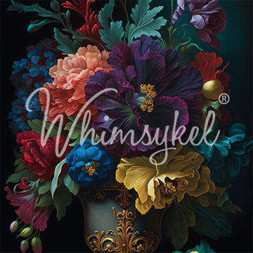 Close-up of a tissue paper design featuring deep gem-tone colored flowers in a vase with ornate golden scroll flourishes on it.