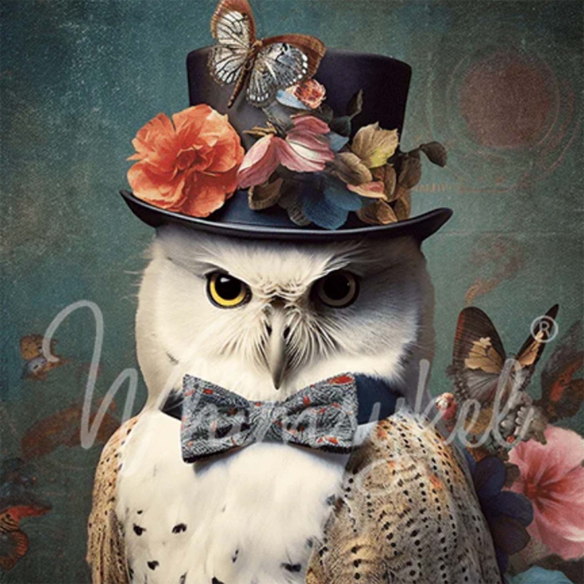 Close-up of a tissue paper design that features a white owl in a top hat and bow tie against a dark background with pink and blue flowers and butterflies.