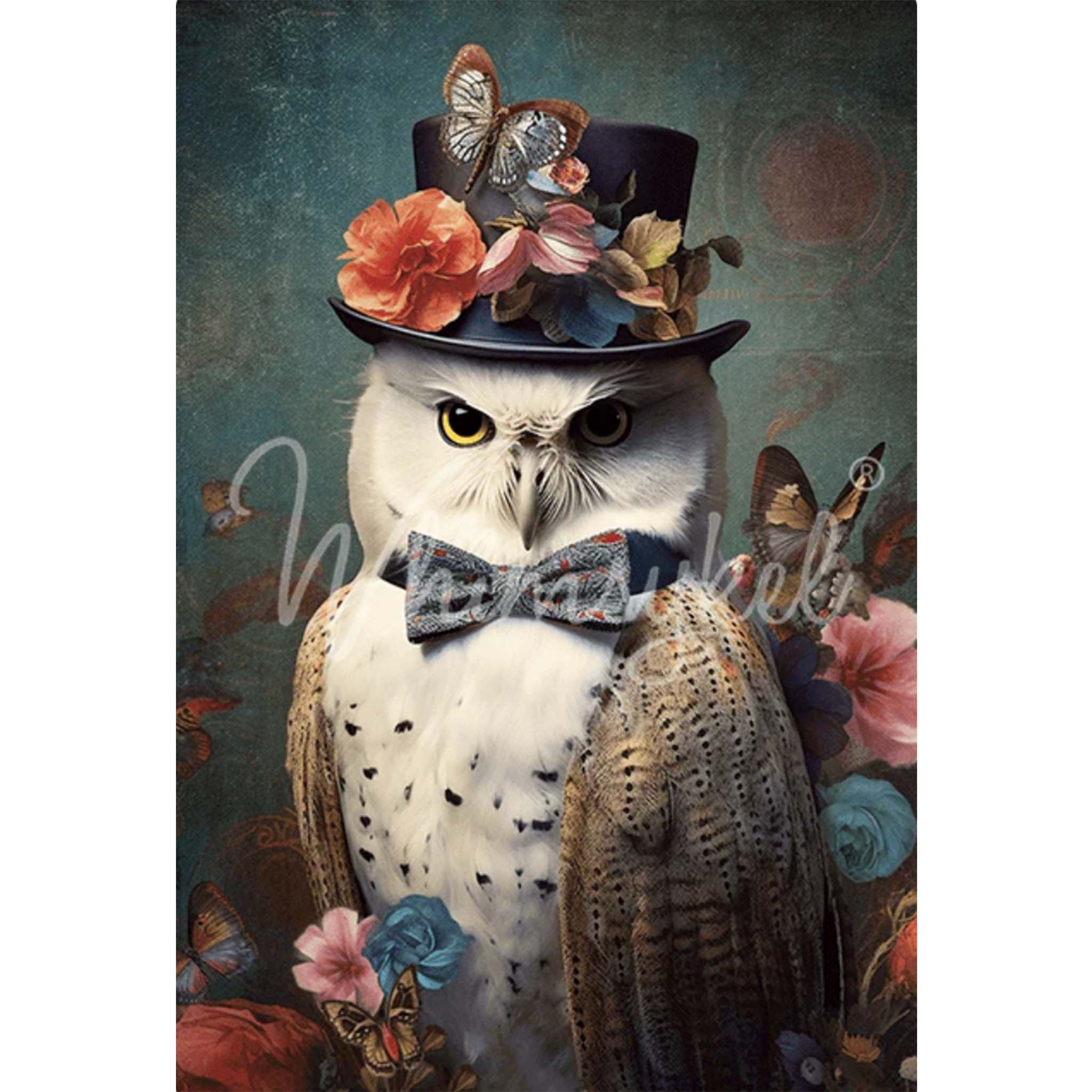 Tissue paper design that features a white owl in a top hat and bow tie against a dark background with pink and blue flowers and butterflies. White borders are on the sides.