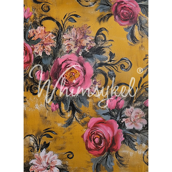 Tissue paper featuring paintings of pink rose bouquets against a mustard yellow background. White borders are on the sides.