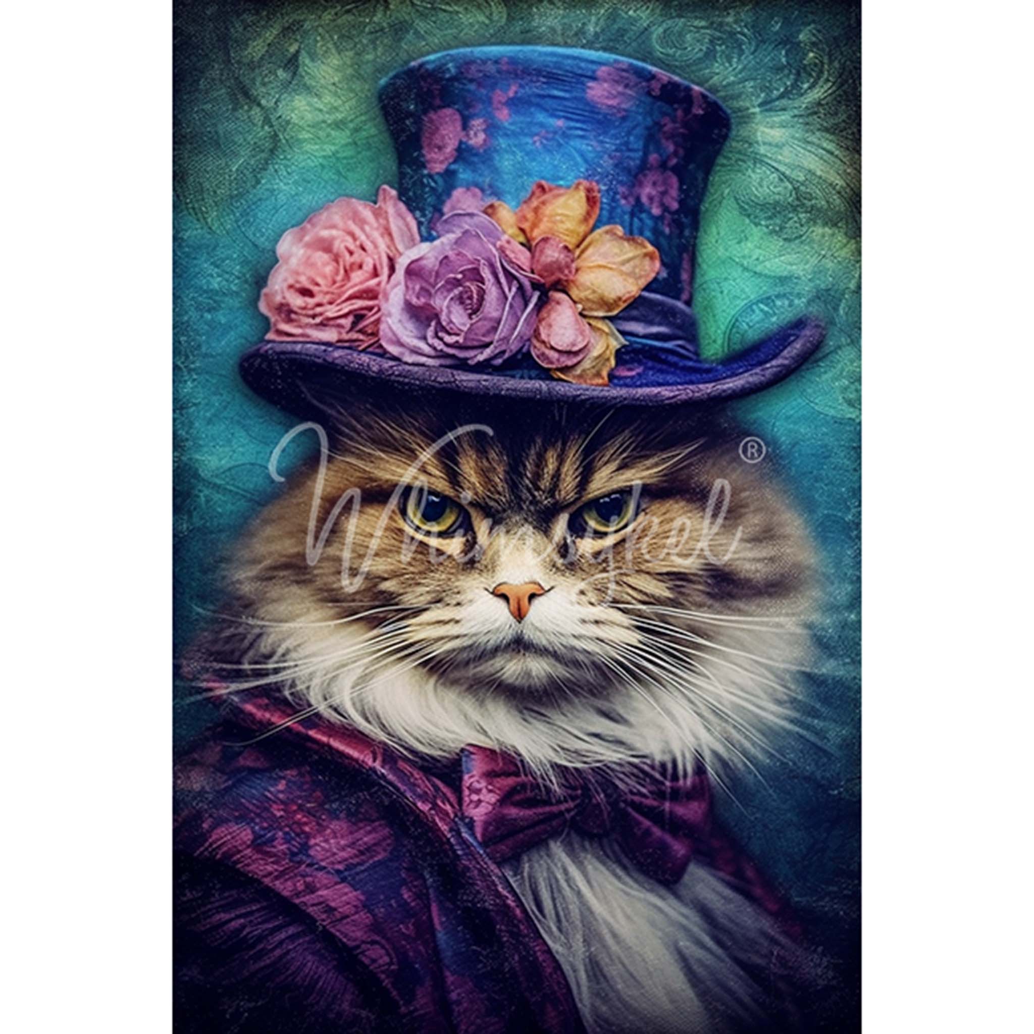 Tissue paper design that features enchanting artwork that perfectly captures the essence of a grumpy yet dapper cat in a jacket with a bowtie and is wearing a top hat with purple and pink roses. White borders are on the sides.
