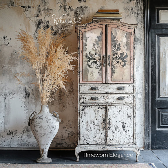 A vintage armoire features Whimsykel's Timeworn Elegance tissue paper on its 2 top doors.