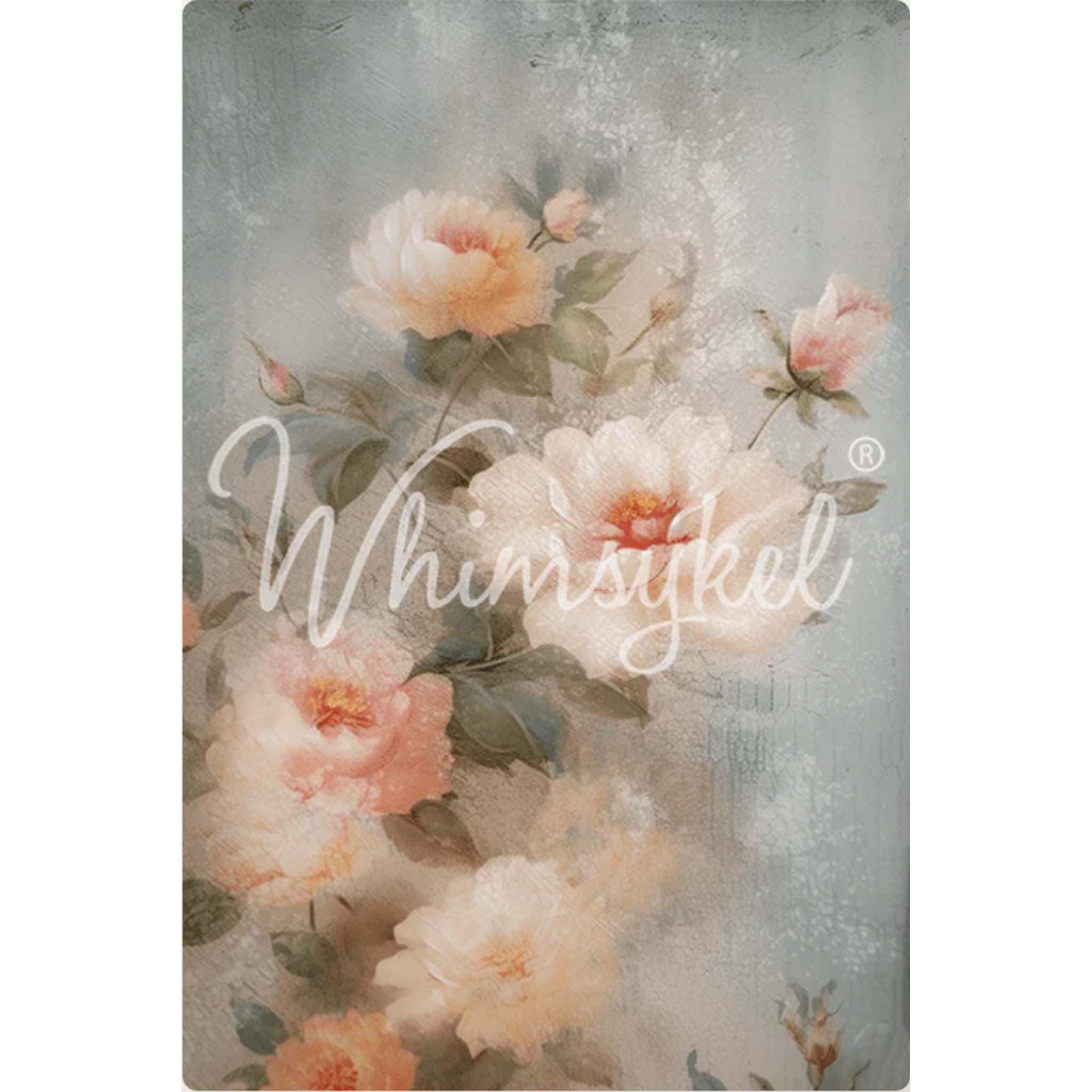 Tissue paper design that features a beautifully aged painting of roses in soft, muted colors against a grey background. White borders are on the sides.