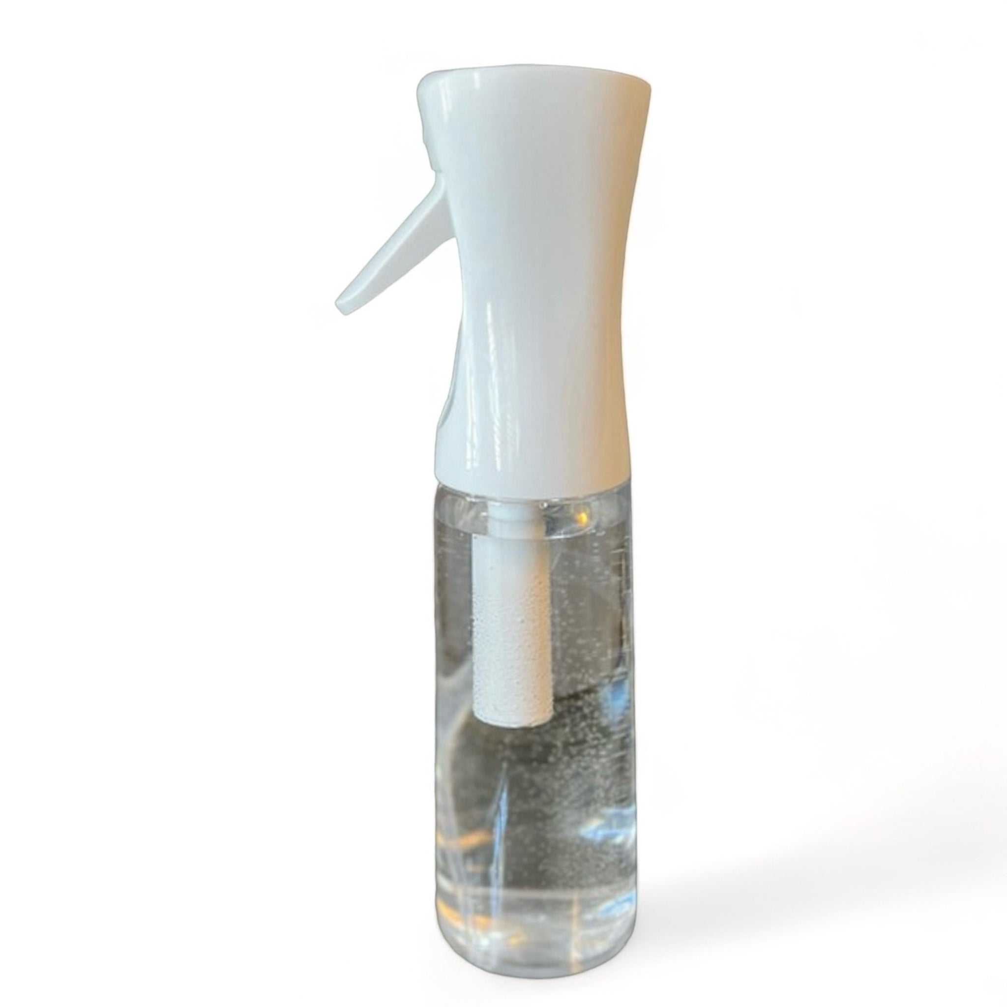 A side view of a 10 ounce continuous spray fine mist spray bottle is against a white background.