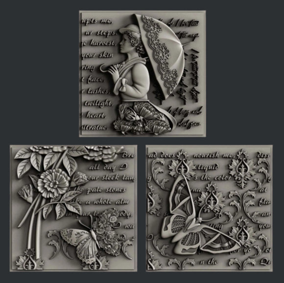 Silver colored castings of 3 tiles featuring a woman holding an umbrella, butterflies, flowers, and script writing are against a dark grey background.