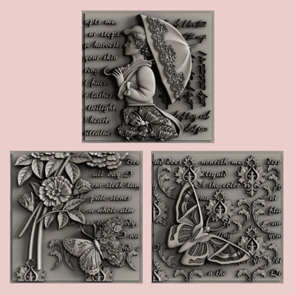 Silver colored castings of 3 tiles featuring a woman holding an umbrella, butterflies, flowers, and script writing are against a light pink background.