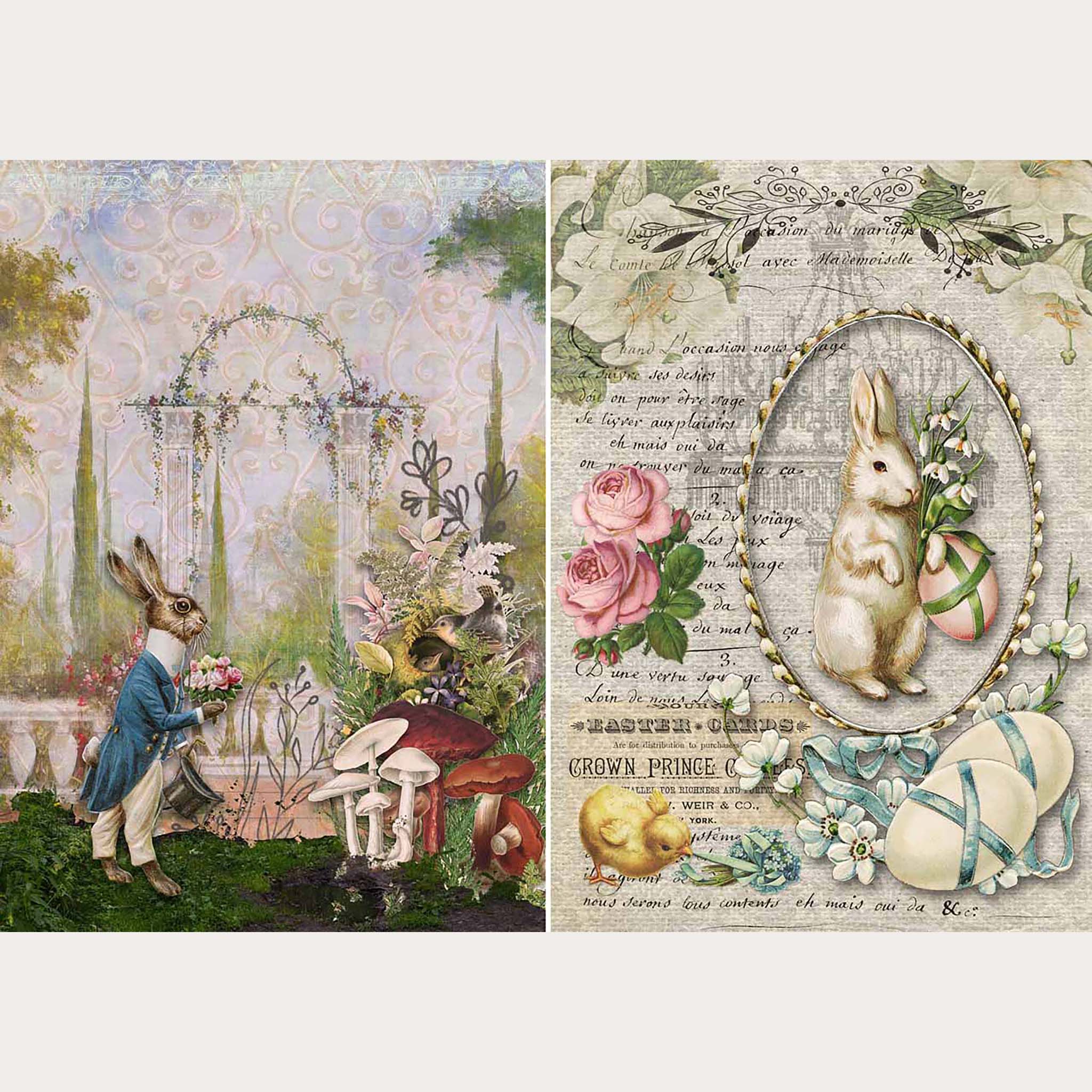 A4 rice paper that features 2 scenes of bunnies. One is wearing a tail coat, pants, and monocle standing in a garden. The other is a spring bunny in a frame with a pink egg surrounded by a yellow chick, more eggs, and pink roses against a script letter background. White borders are on the top and bottom.