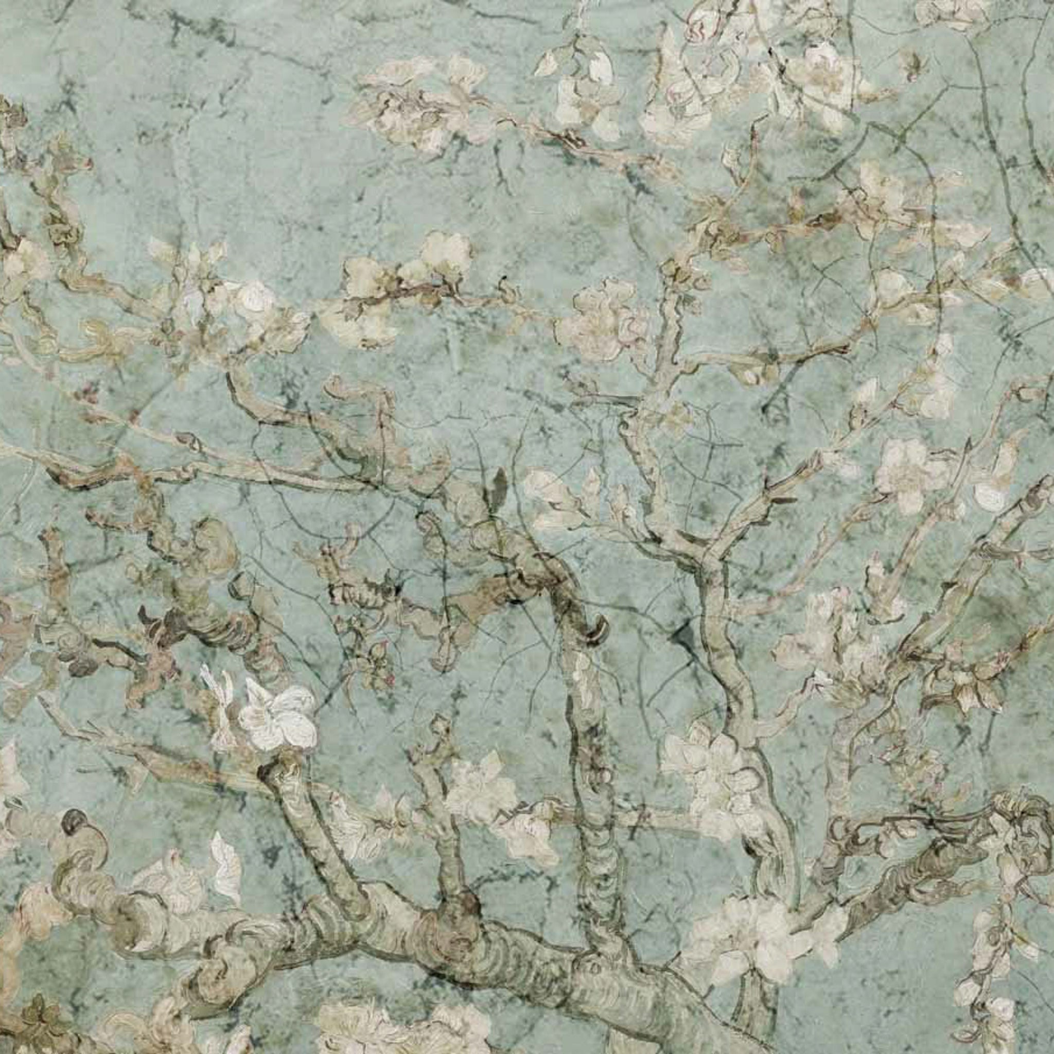 A4 rice paper design that features a dusty blue gray background and is adorned with sketched almond blossom branches.