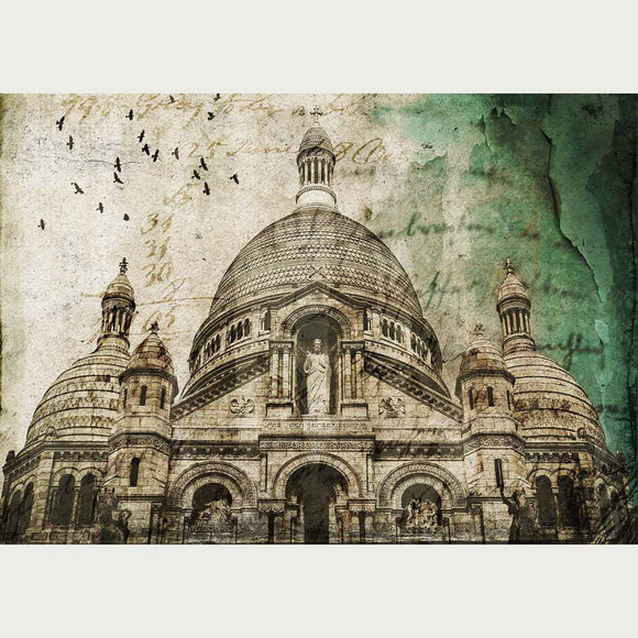 Vintage Cathedral rice paper design. White borders on the top and bottom.
