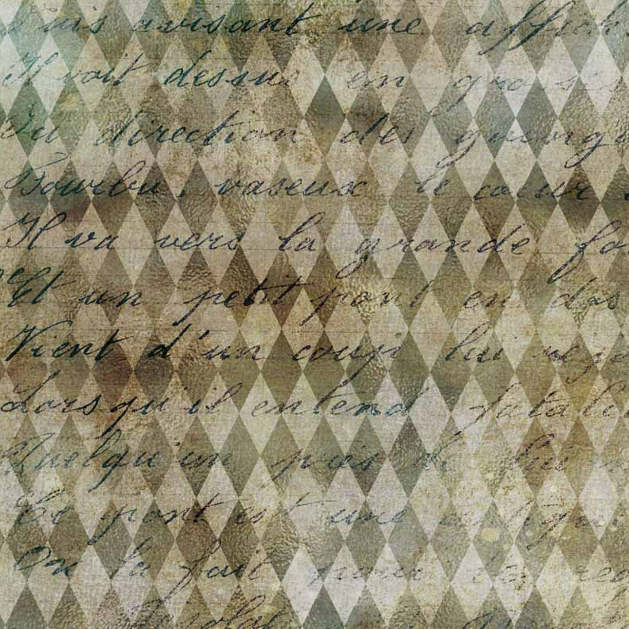 Close up of an A3 rice paper design that features a vintage neutral harlequin diamond pattern with a faded script overlay.