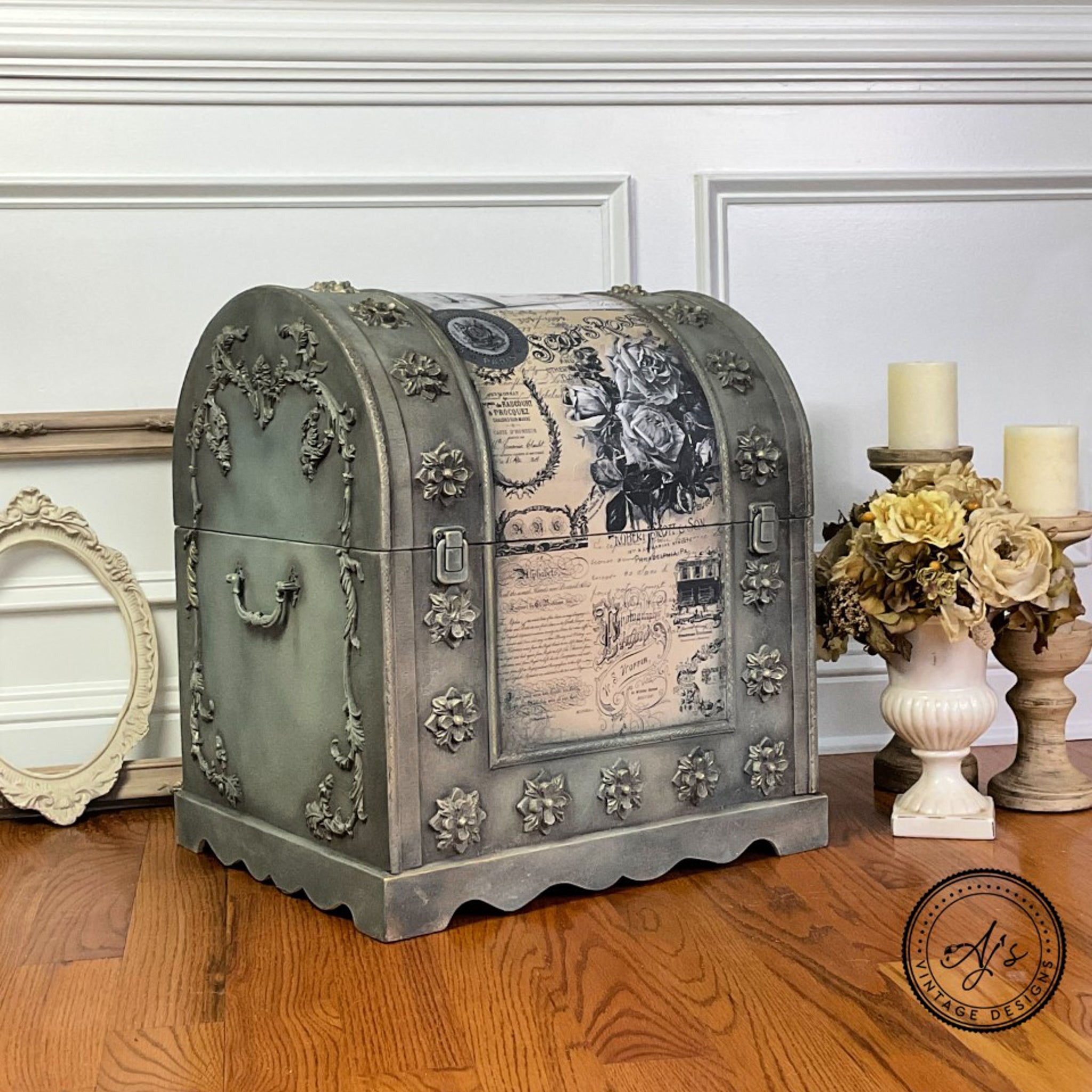A vintage chest box refurbished by AJ's Vintage Deisngs is painted grey-green with silicone mold castings and features the Vintage Post Transfer across the top and front center.