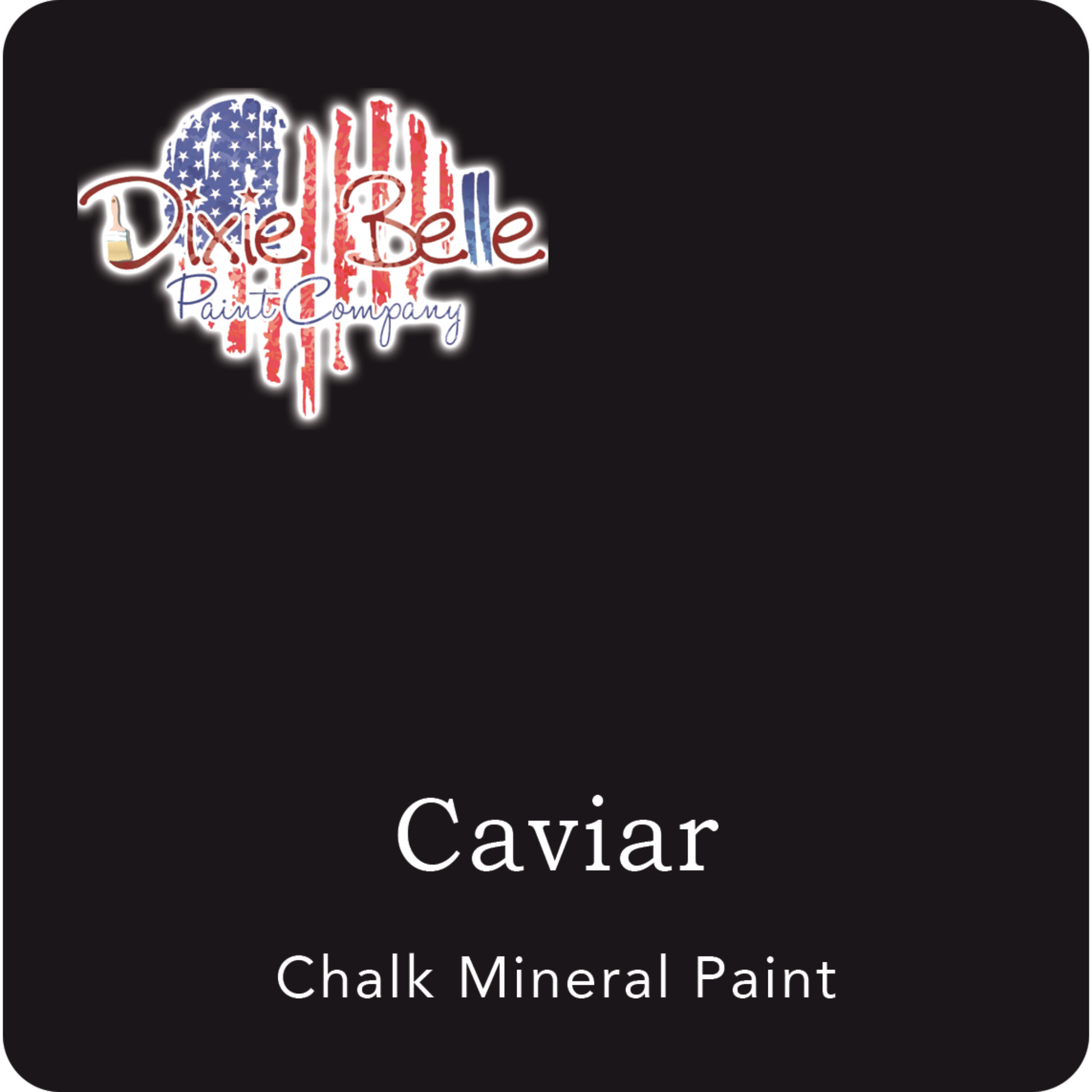 A square swatch card of Dixie Belle Paint Company’s Caviar Chalk Mineral Paint. This color is a rich deep black.