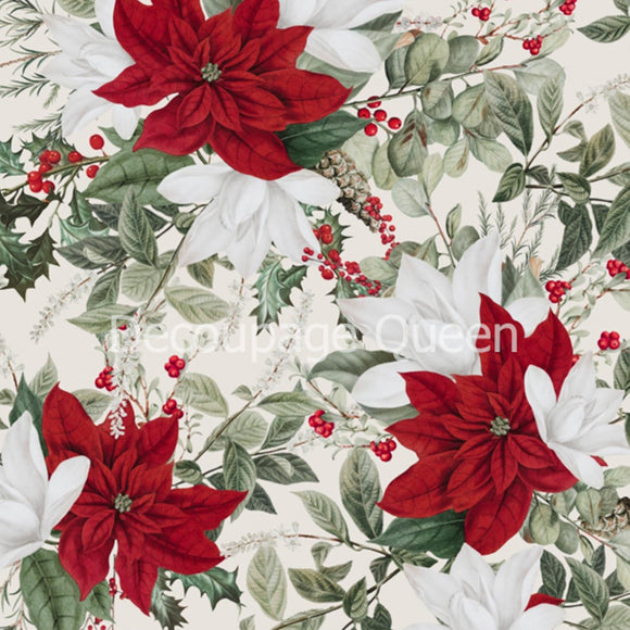 Close-up of a rice paper design of red and white poinsettias with leaves on a vintage white background.