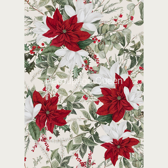 Rice paper design of red and white poinsettias with leaves on a vintage white background. White borders are on the sides.