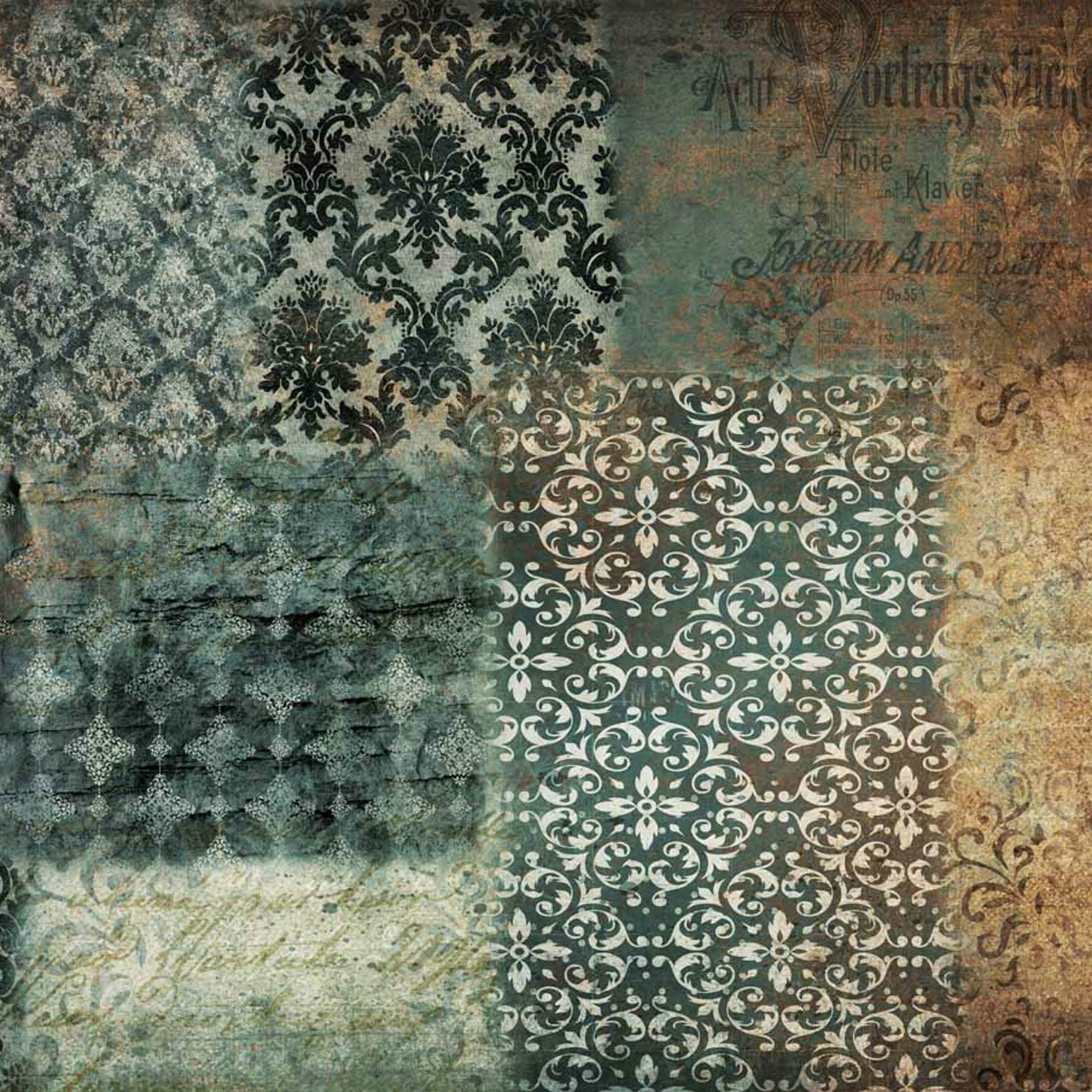 Close-up of an A1 rice paper design that features a beautiful collage of damask designs in rich tones of patina, rust, and sepia.