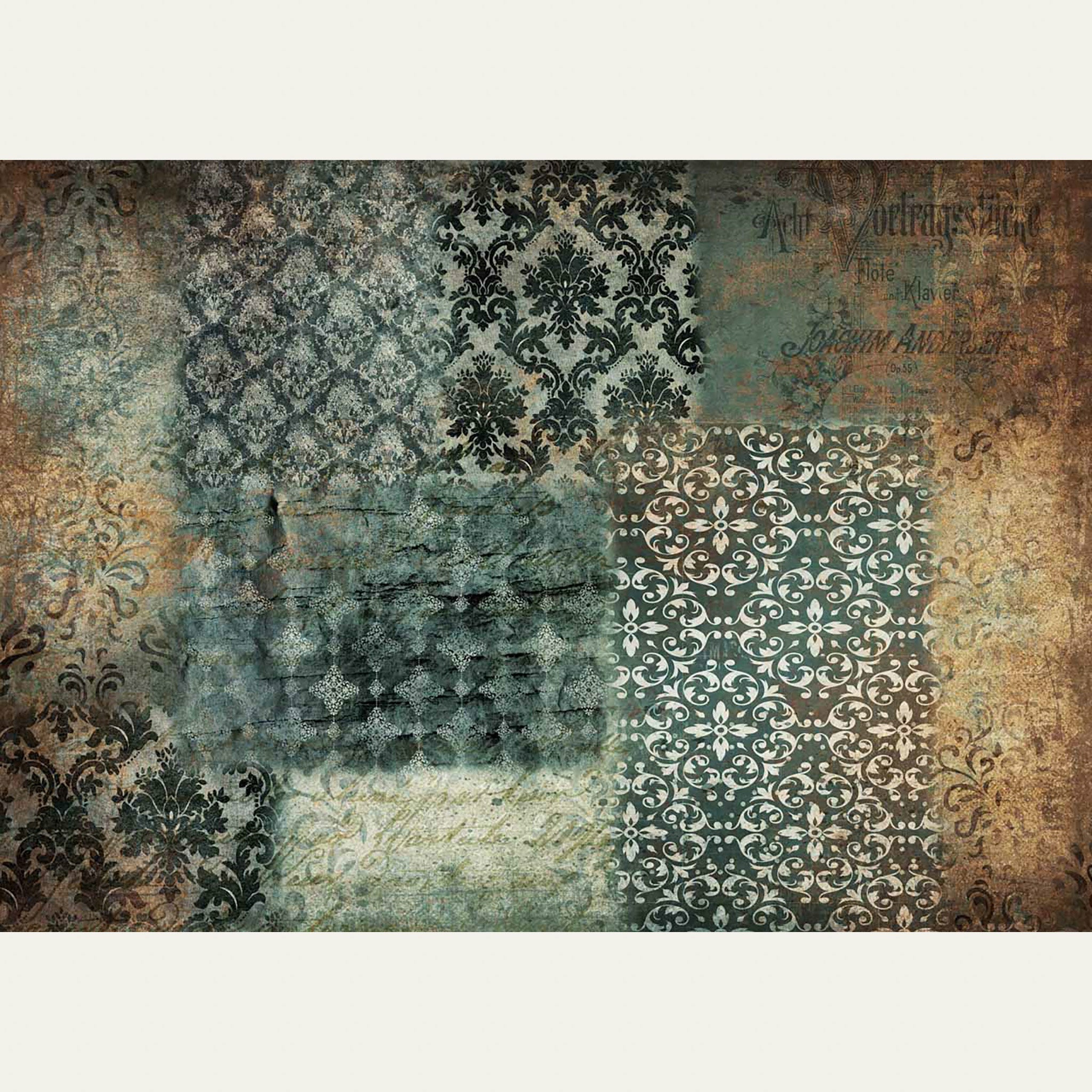A1 rice paper design that features a beautiful collage of damask designs in rich tones of patina, rust, and sepia. White borders are on the top and bottom.