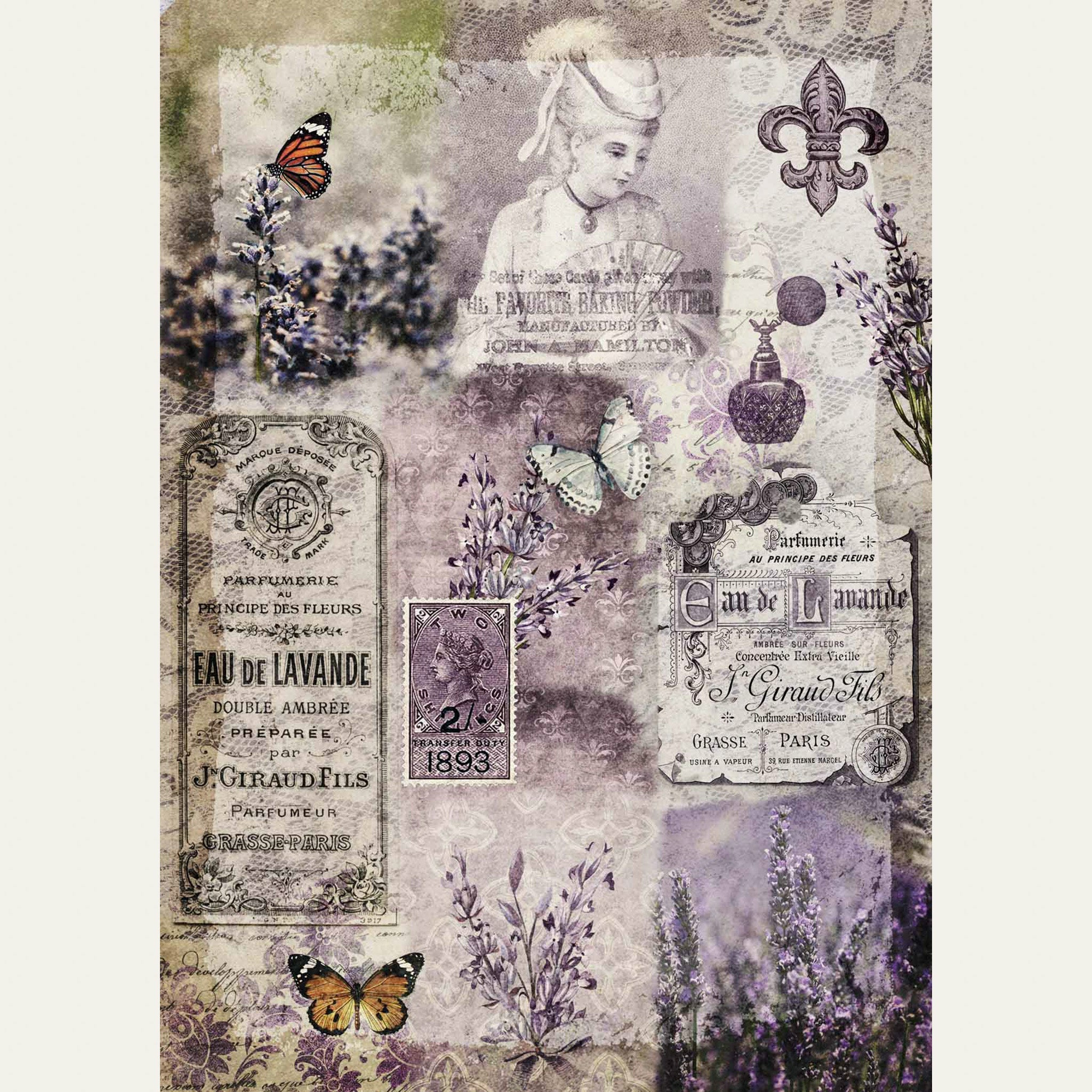 A2 rice paper design that features a collage of vintage lavender perfume labels and plants, fleur de lis, vintage stamps, and butterflies. White borders are on the sides.