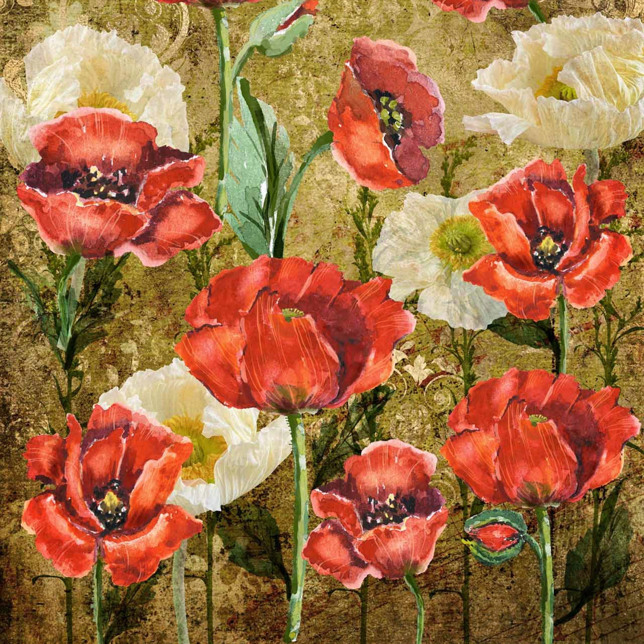 Close-up of an A1 rice paper design that features bright red and white poppies on a mustard yellow background