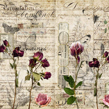 Close-up of a rice paper design featuring pressed flowers against a collage of vintage magazine clippings and letters.