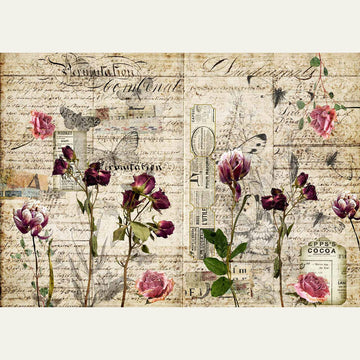Rice paper design featuring pressed flowers against a collage of vintage magazine clippings and letters. White borders are on the top and bottom.