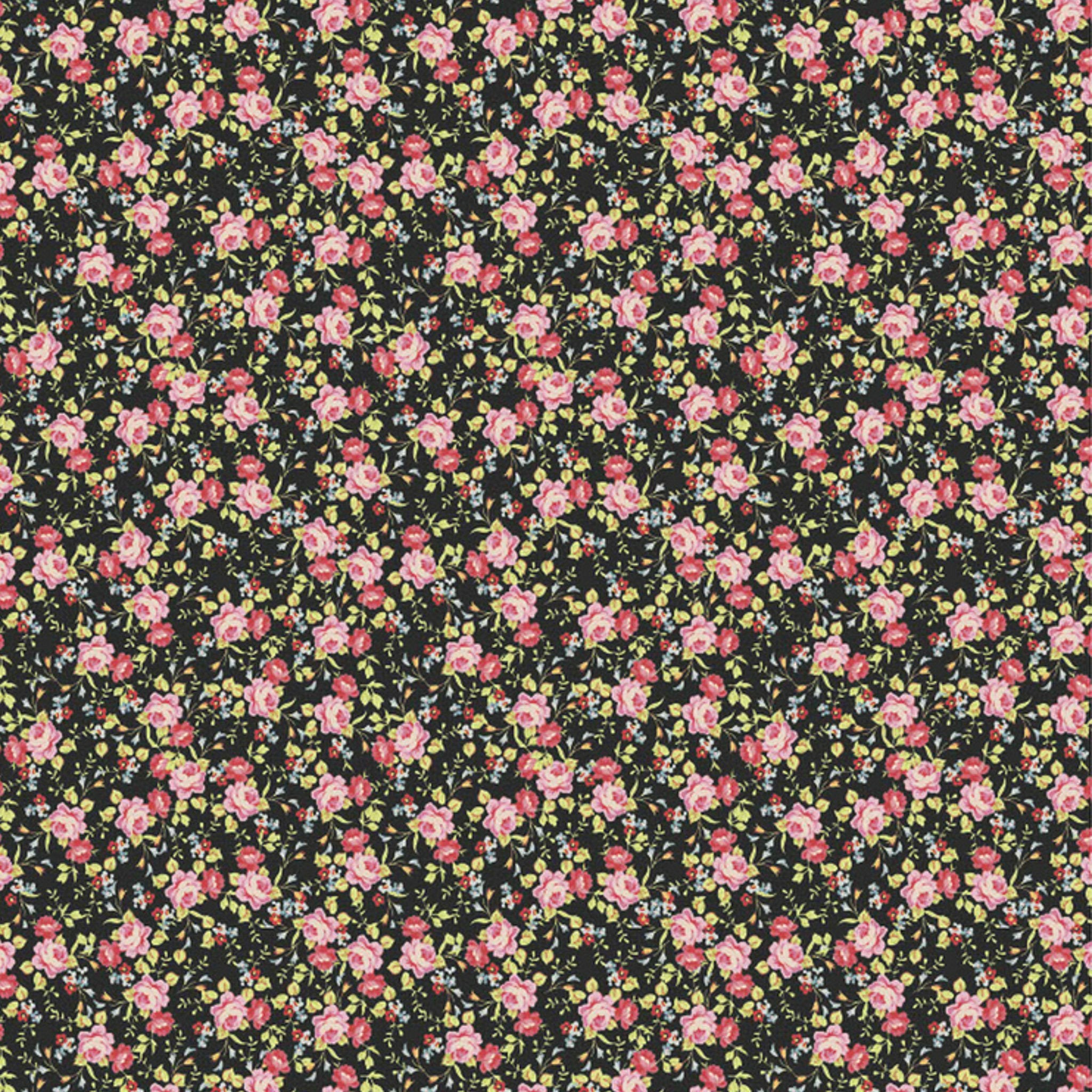 Close-up of an A1 rice paper design that features small pink peony flowers and yellow-green leaves against a dark background.