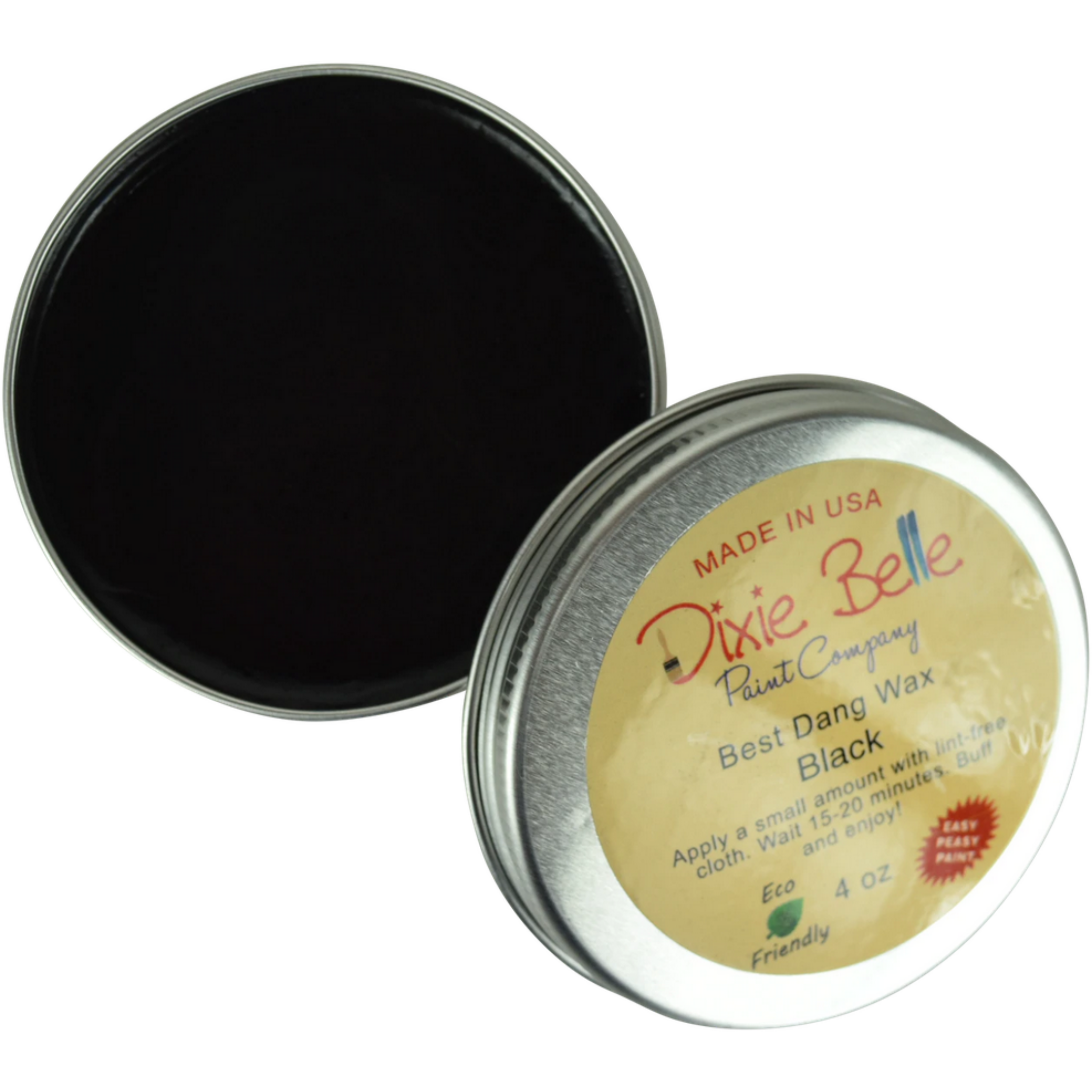 An open tin of Dixie Belle Paint's 4 ounce Black Best Dang Wax is against a white background.