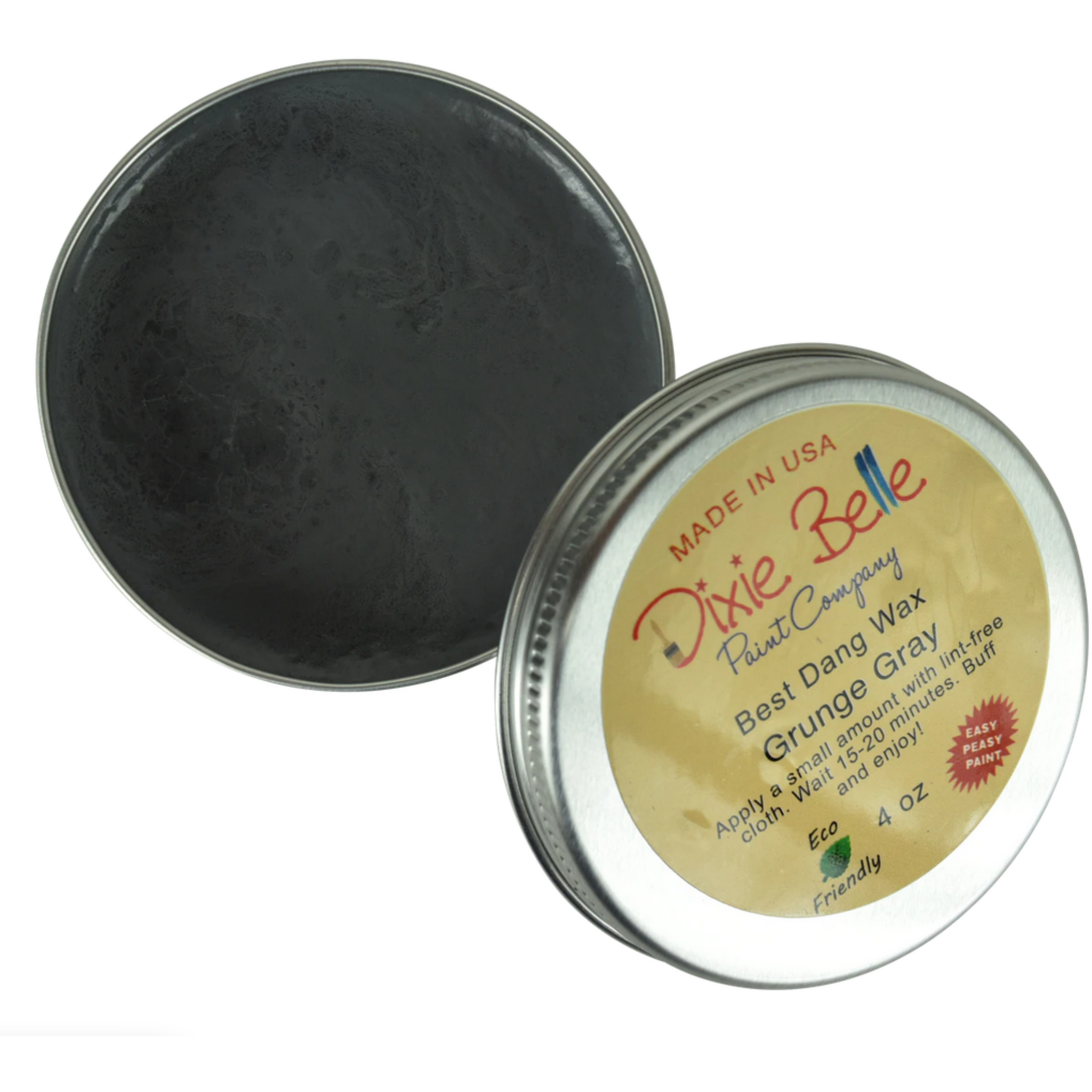 An open tin of Dixie Belle Paint's 4 ounce Grunge Gray Best Dang Wax is against a white background.