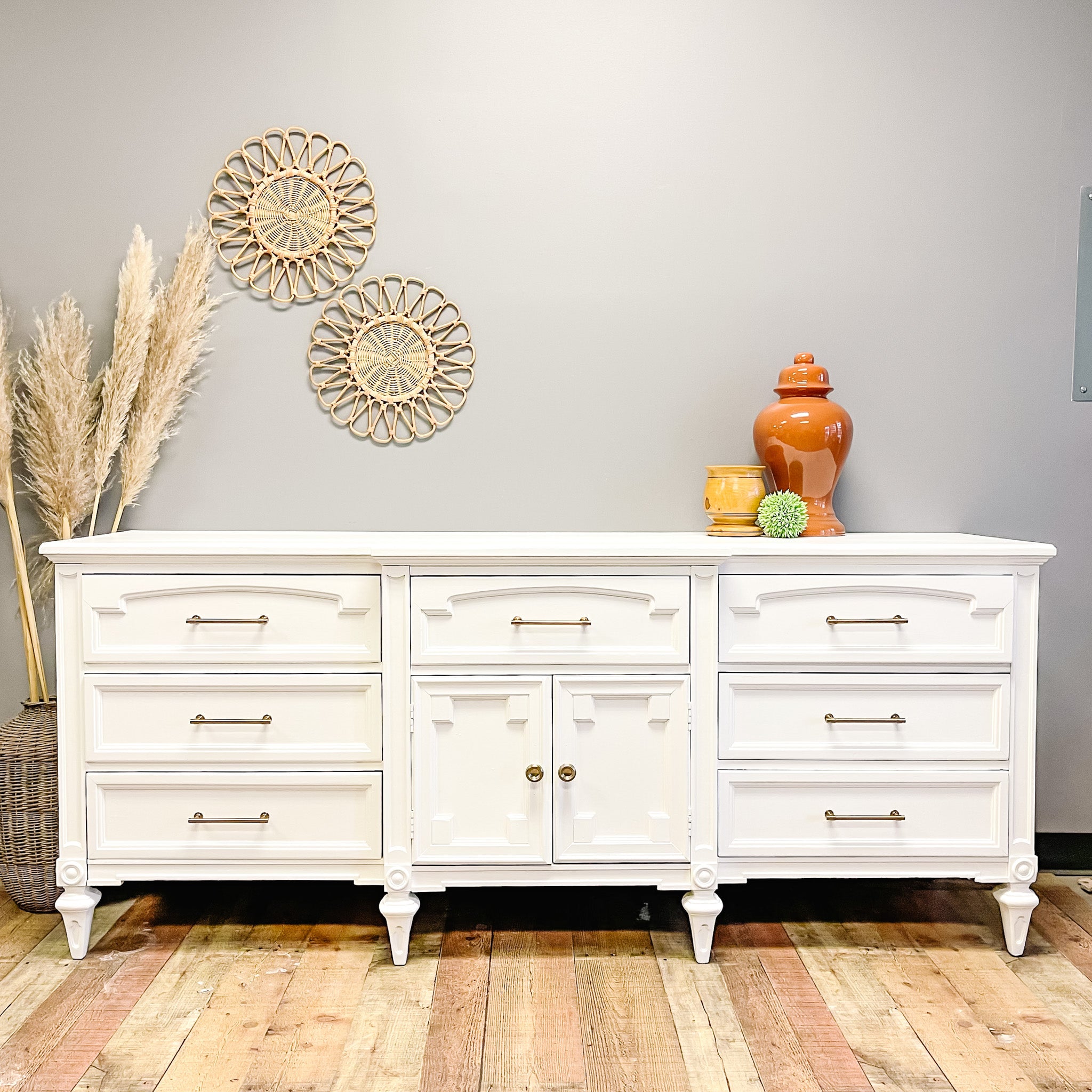 A large vintage dresser is painted in Dixie Belle's Cotton chalk mineral paint.