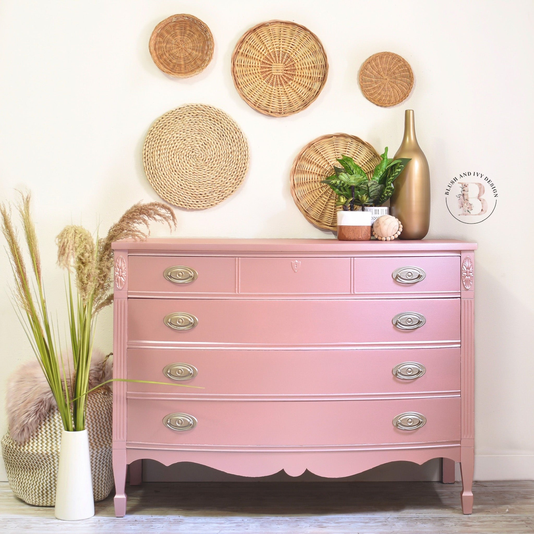 A vintage 4-drawer dresser refurbished by Blush and Ivy Design is painted in Dixie Belle's Pink Champagne chalk mineral paint.
