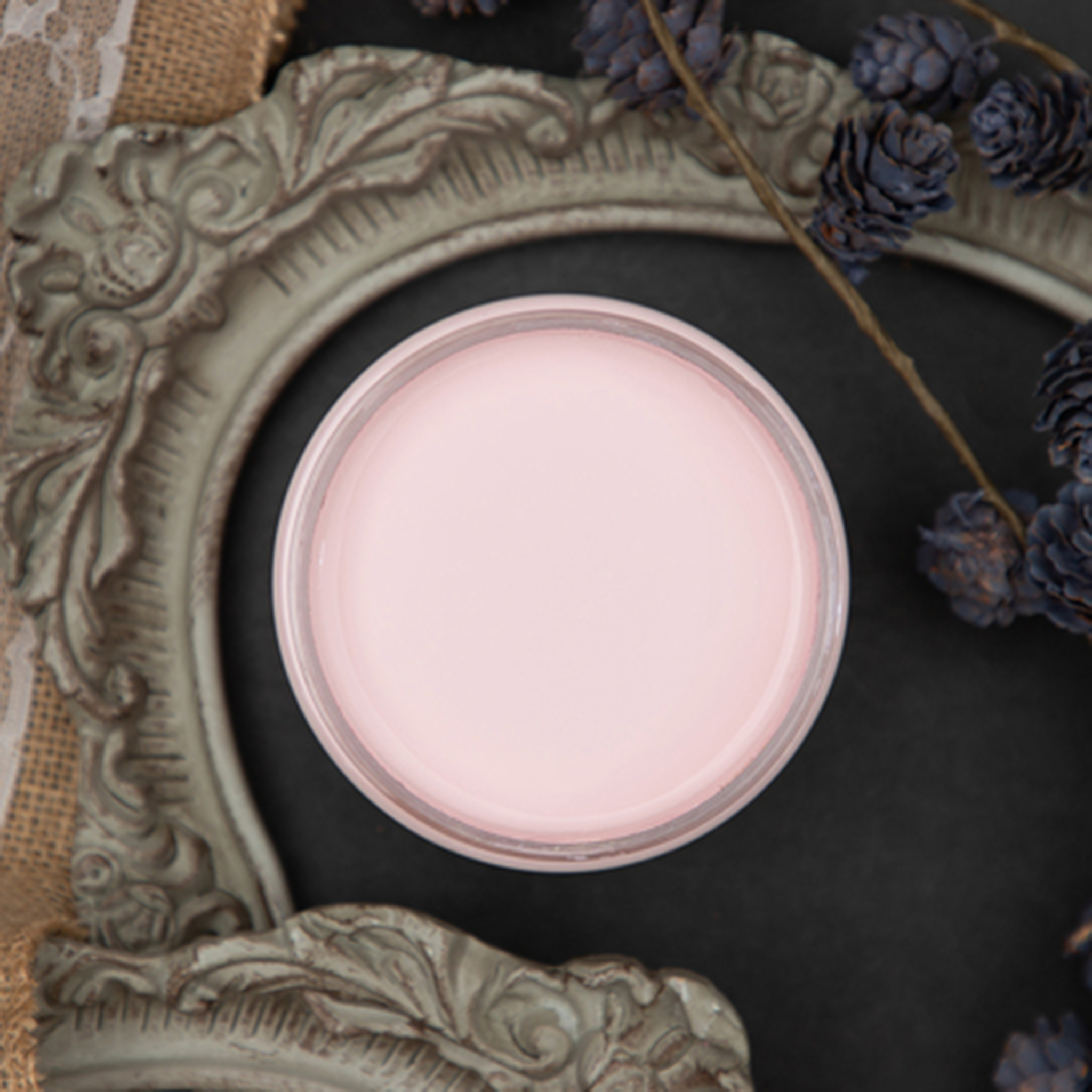 An arial view of an open container of Dixie Belle Paint Company’s Soft Pink Chalk Mineral Paint is sitting in an ornate picture frame and has blue painted pine cones around it.
