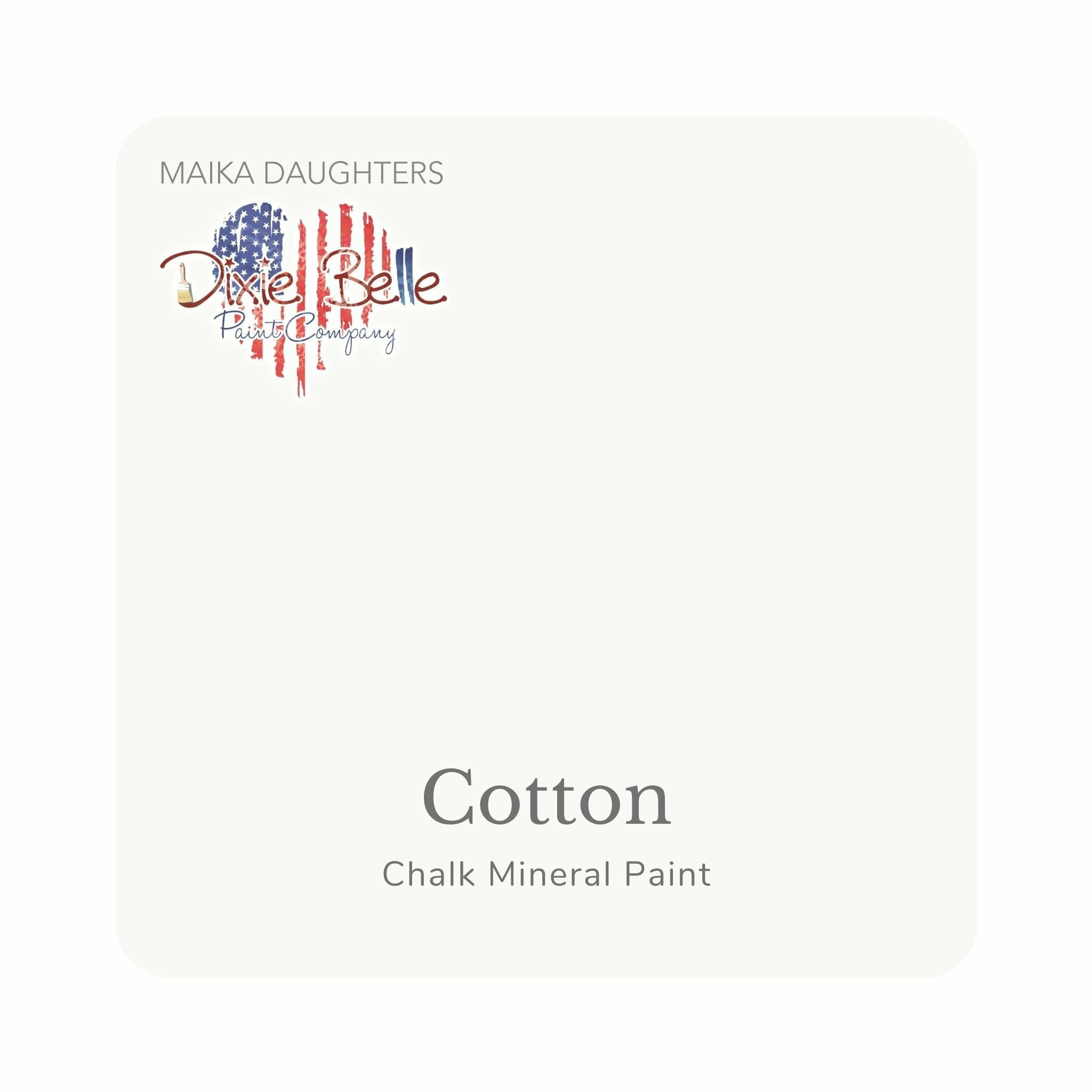 A square swatch card of Dixie Belle Paint Company’s Cotton Chalk Mineral Paint is against a white background. This color is a pure white