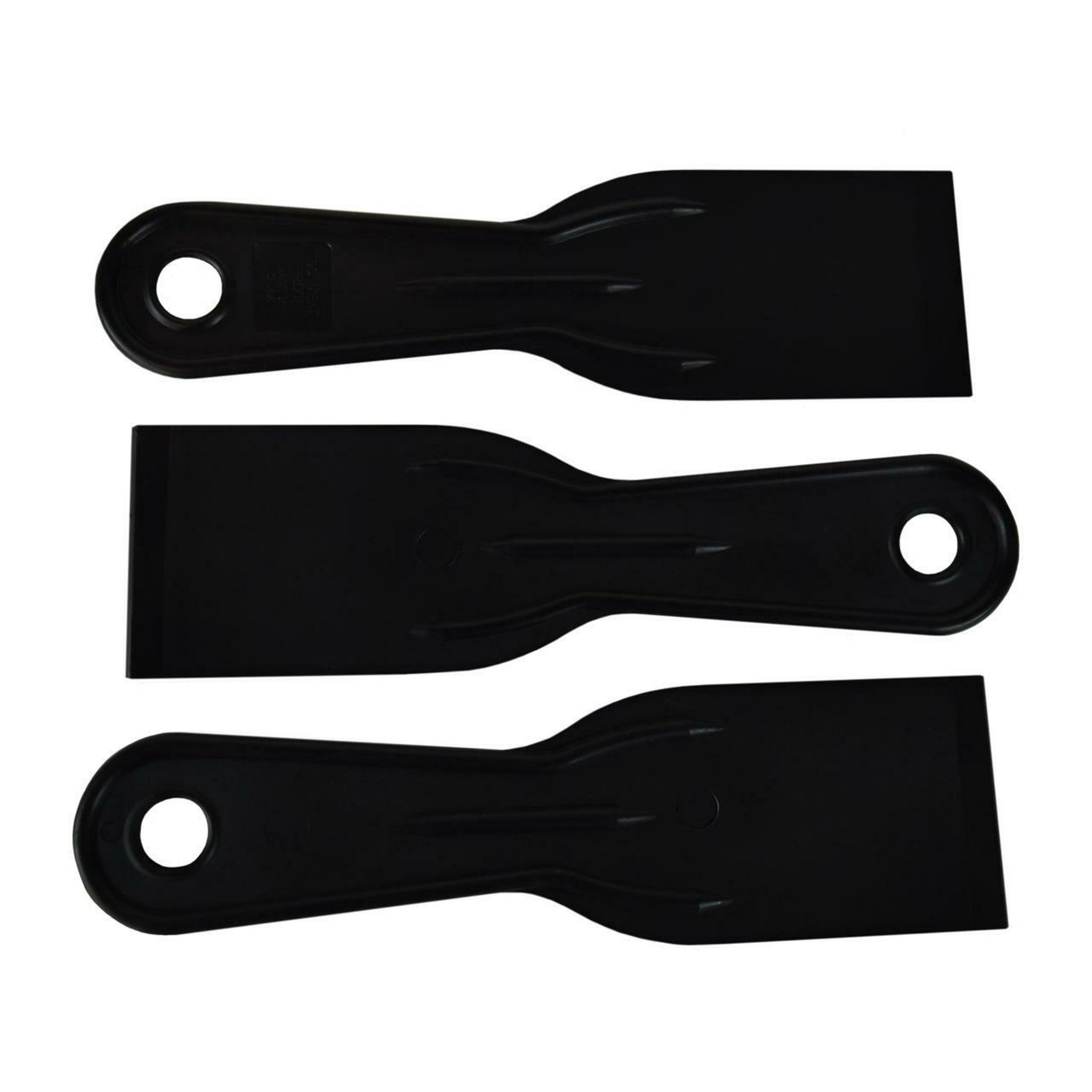 Three black plastic mud spatulas are against a white background.