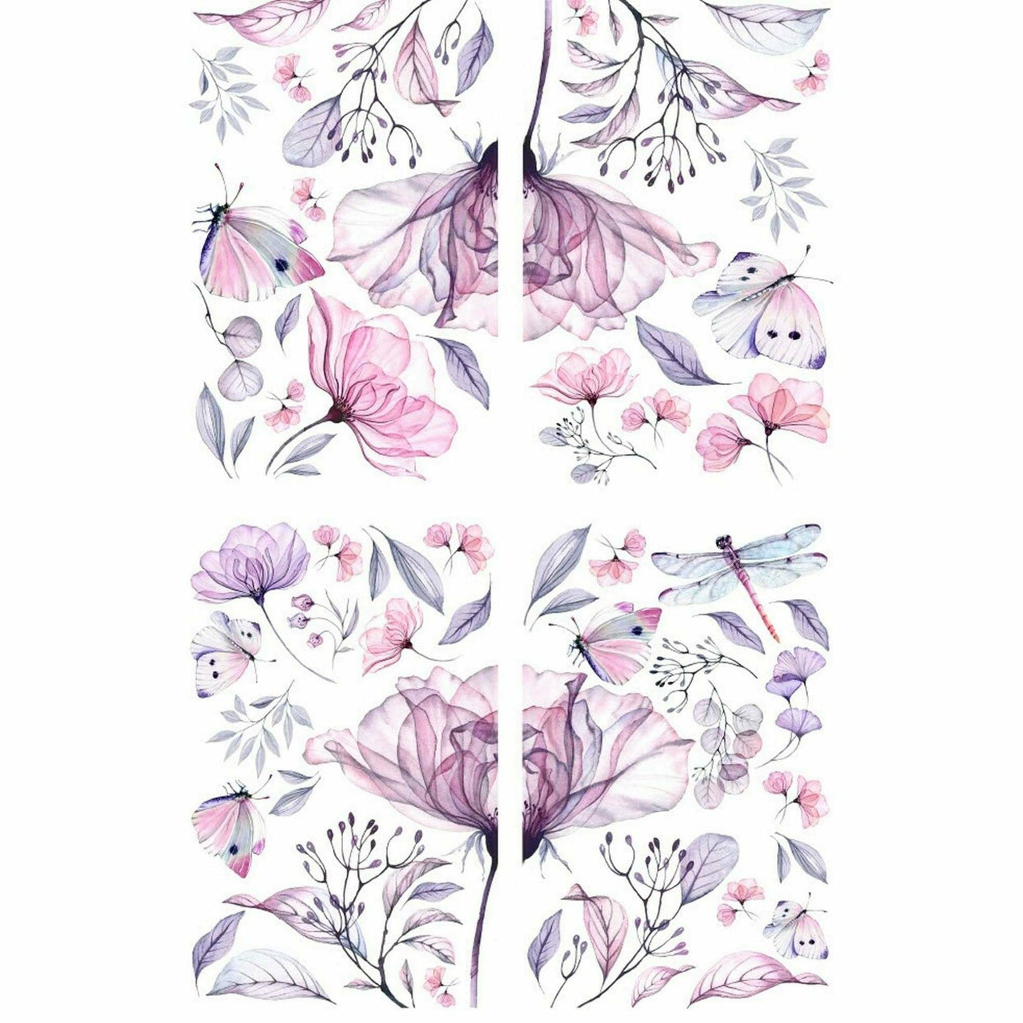Four sheets of purple and pink translucent flowers with matching butterflies and dragonflies are against a white background.