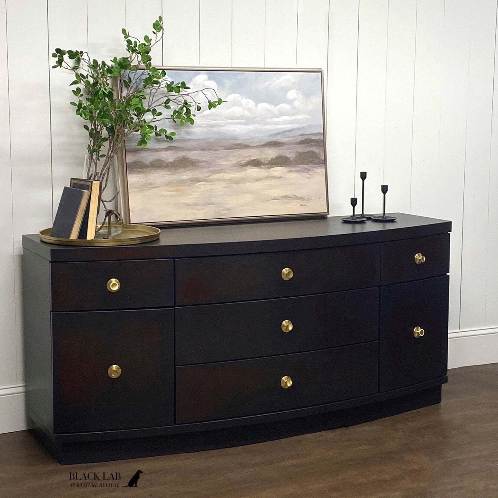 A vintage parge dresser refurbished by Black Lab Furniture Revival is painted in Dixie Belle's Cavier chalk mineral paint.