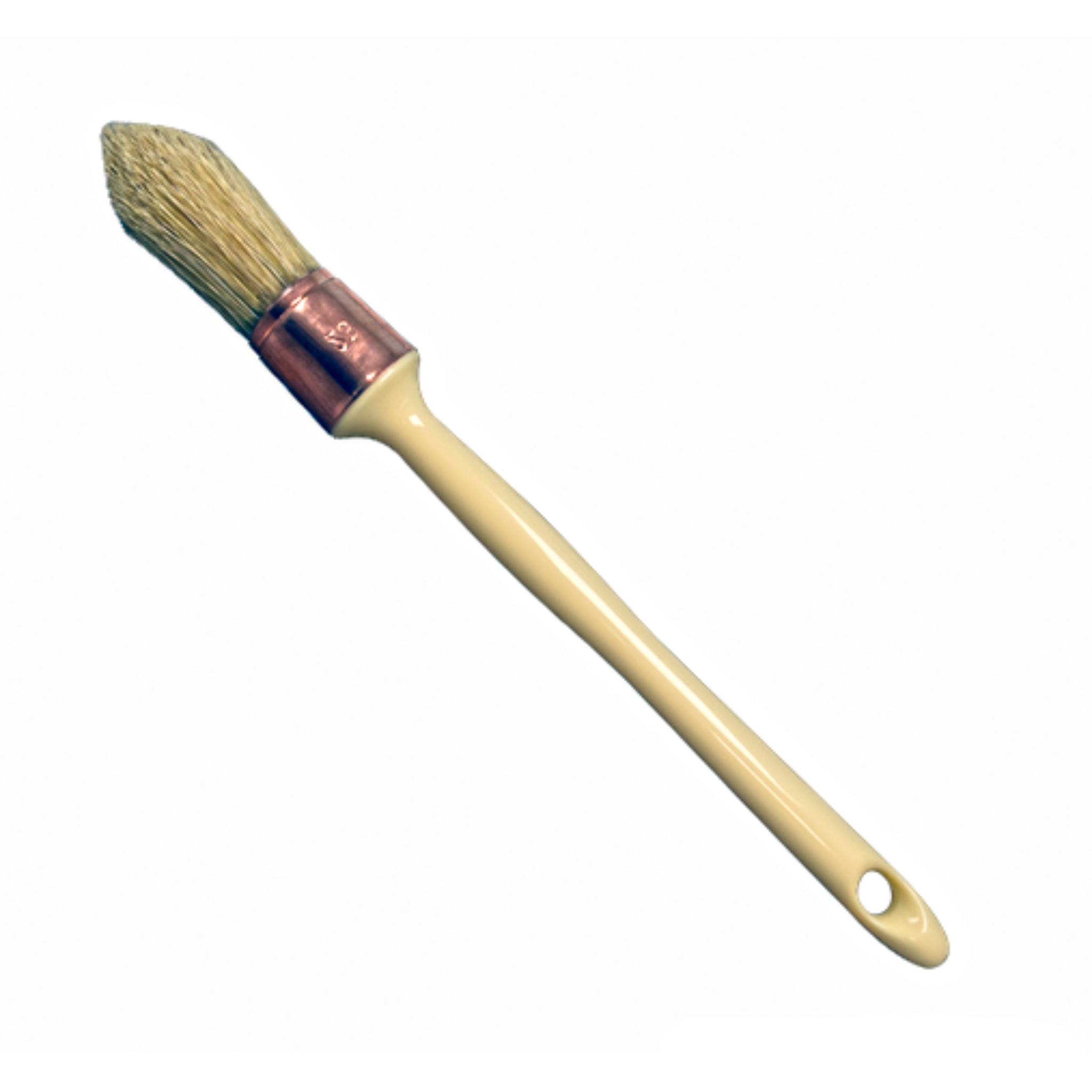 Dixie Belle's French Tip Paint Brush is against a white background. This brush has natural bristles and is shaped to help reach the fine-detailed areas on your furniture projects.