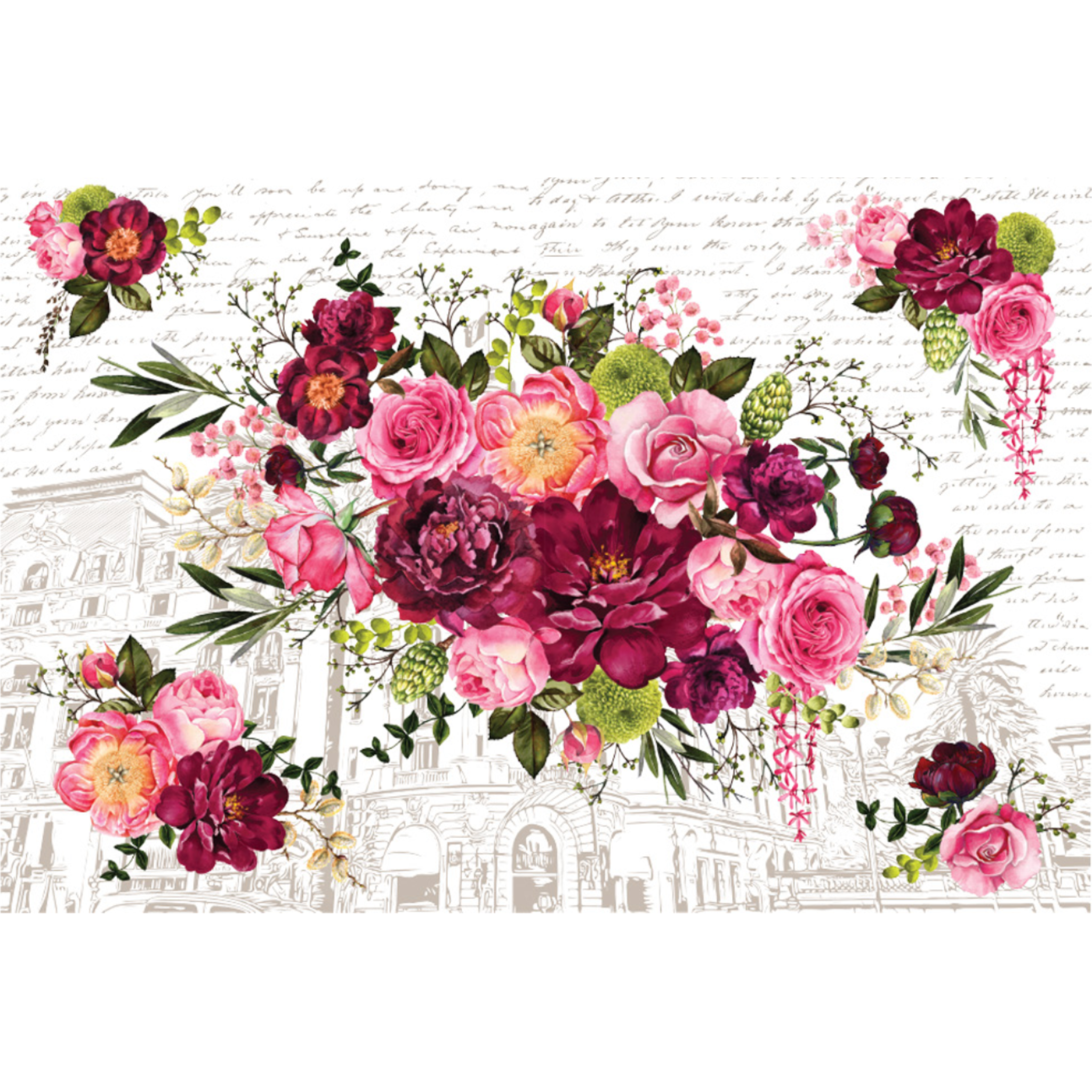 Rub-on transfer design that features a luscious combination of burgundy and pink roses on a stunning architectural background.