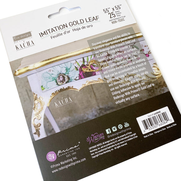 Flat 5.5" by 5.5" package of Redesign with Prima's Kacha 25 sheets of Imitation Gold Leaf.